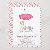 ピンクの傘、寝ているベビーガールシャワー郵便 招待状 (正面/裏面)