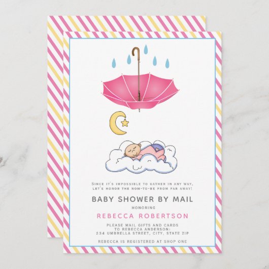 ピンクの傘、寝ているベビーガールシャワー郵便 招待状 (正面/裏面)
