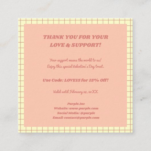 ピンクの催眠ハート市松模様にパターンありがとう スクエア名刺 (裏面)