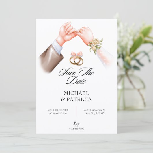 ピンクの優しいカップルリングの結婚式招待状 セーブザデート (スタンド正面)