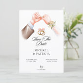 ピンクの優しいカップルリング 結婚式招待状 セーブザデート (スタンド正面)
