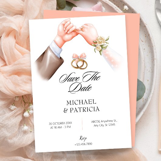 ピンクの優しいカップルリング 結婚式招待状 セーブザデート
