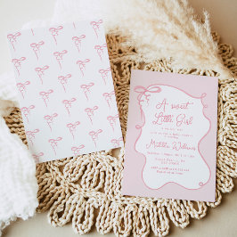 ピンクの優美な弓のウェーブフレーム女の子の赤ちゃんシャワー 招待状