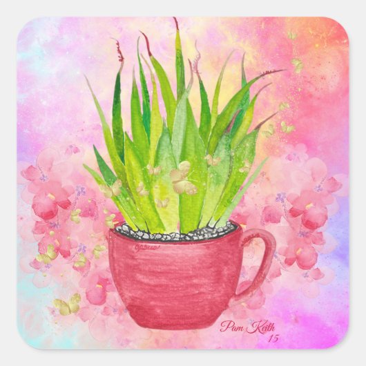 ピンクの先端がついた水彩グリーンの多肉植物 スクエアシール (正面)