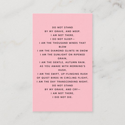 ピンクの光の写真フローラリース葬儀祈りの言葉カード 名刺 (裏面)