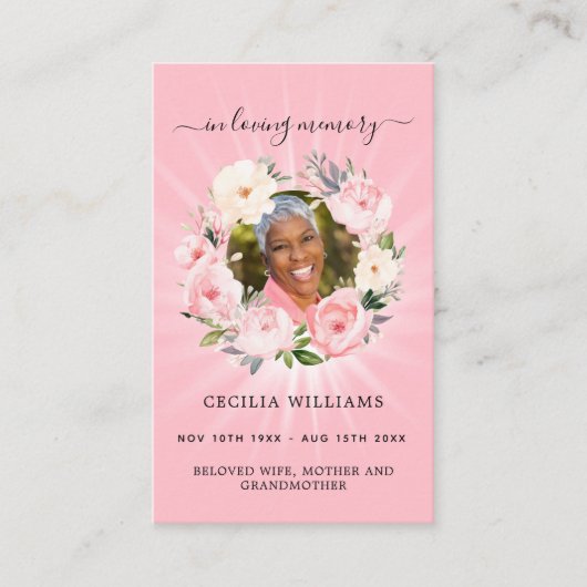 ピンクの光の写真フローラリース葬儀祈りの言葉カード 名刺 (正面)