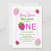 ピンクの光沢のあるグリッターY2Kイチゴ1st誕生日 招待状 (正面)