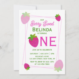 ピンクの光沢のあるグリッターY2Kイチゴ1st誕生日 招待状