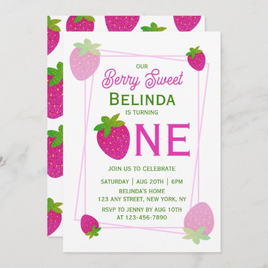 ピンクの光沢のあるグリッターY2Kイチゴ1st誕生日 招待状 (正面/裏面)