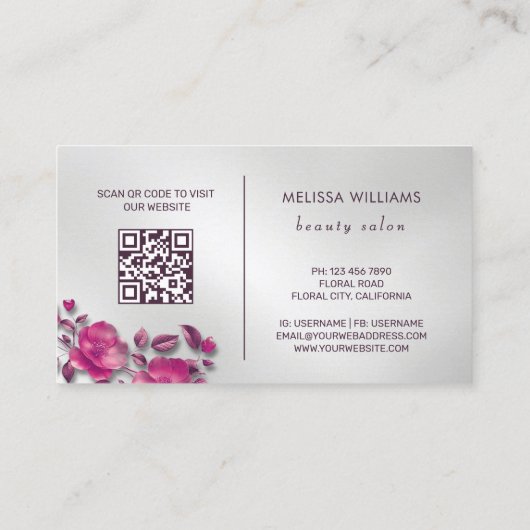 ピンクの光沢のあるメタリックな花 銀色 名刺 (裏面)