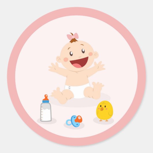 ピンクの円のベビーガール赤ちゃんシャワーステッカー ラウンドシール (正面)