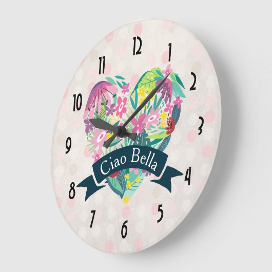 ピンクの円のCiao Bellaのかわいい花のハート ラージ壁時計 (傾斜)