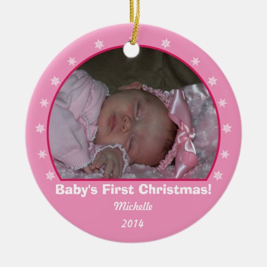 ピンクの円形の雪片のクリスマスのオーナメント セラミックオーナメント (正面)