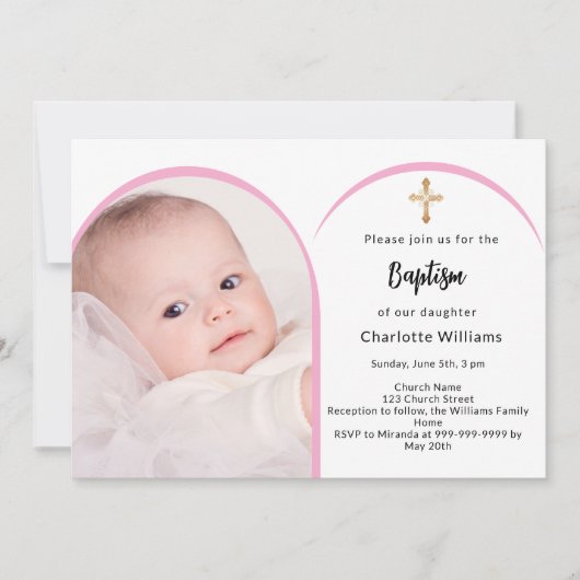 ピンクの写真のアーチの女の子がバプテスマを渡る 招待状 (正面)