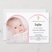 ピンクの写真のアーチの女の子がバプテスマを渡る 招待状 (正面)