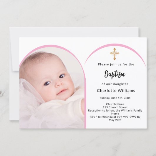 ピンクの写真のアーチの女の子がバプテスマを渡る 招待状 (正面)