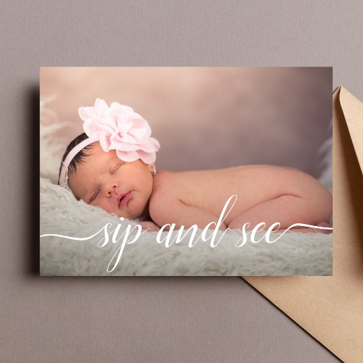 ピンクの写真のガーリーSipと参照ベビーシャワーピンク 招待状