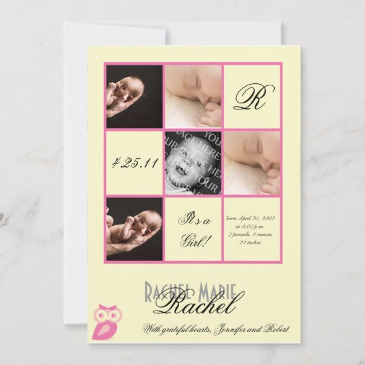 ピンクの写真のベビーの発表の大切な正方形 案内状 (正面)