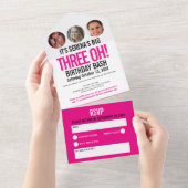 ピンクの写真の円30歳の誕生日3歳 オールインワン招待状 (貼ってはがせる)