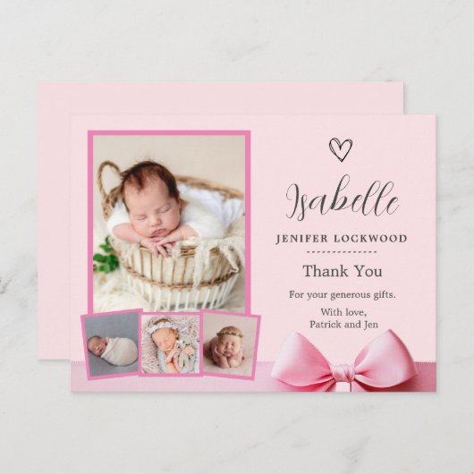 ピンクの写真の出産発表サンキューカード ポストカード (正面/裏面)