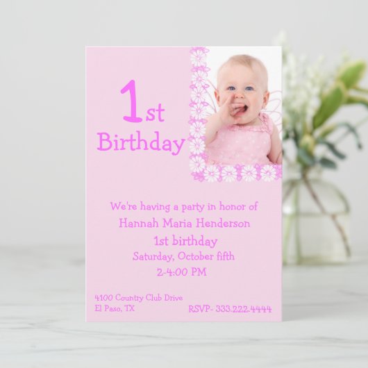 ピンクの写真の女の子の第1誕生日の招待状 招待状 (スタンド正面)