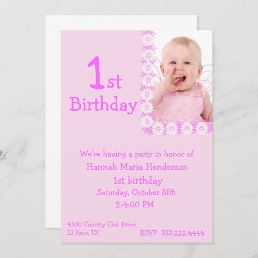 ピンクの写真の女の子の第1誕生日の招待状 招待状 (正面/裏面)
