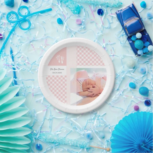 ピンクの写真の誕生の発表ジンガムの足跡 ペーパープレート (パーティー)