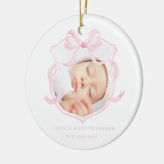 ピンクの写真の赤ちゃん女の子の発表 セラミックオーナメント (左)