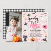ピンクの写真ガールズワン不気味ハロウィーン1回目の誕生日 招待状 (正面/裏面)