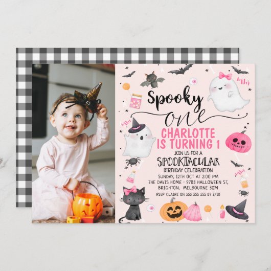 ピンクの写真ガールズワン不気味ハロウィーン1回目の誕生日 招待状 (正面/裏面)