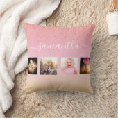ピンクの写真コラージュバラ金ゴールドモノグラム クッション (ブランケット)