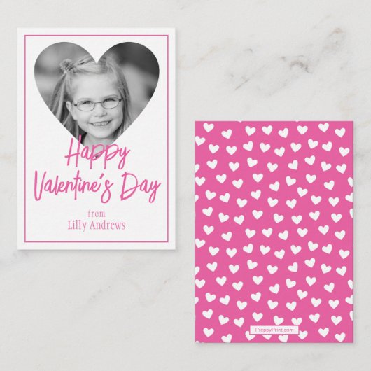 ピンクの写真ハートバレンタインデー教室カード ノートカード (正面/裏面)