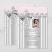 ピンクの写真ファーストコムニオン レースクロス 招待状 (正面/裏面)