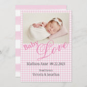 ピンクの写真名日付誕生 案内状 (正面/裏面)