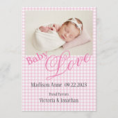 ピンクの写真名日付誕生 案内状 (正面)