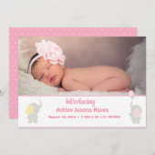 ピンクの写真生まれたばかりの赤ん坊の女の子の発表 案内状 (正面/裏面)