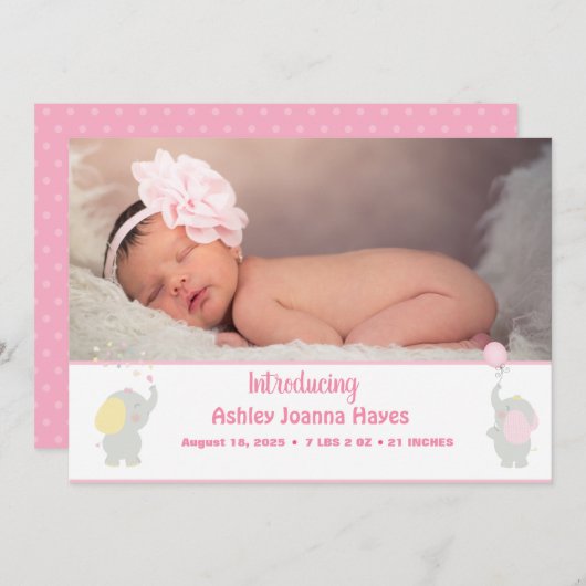 ピンクの写真生まれたばかりの赤ん坊の女の子の発表 案内状 (正面/裏面)