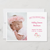 ピンクの写真生まれたばかりの赤ん坊の女の子の発表 案内状 (正面)