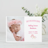 ピンクの写真生まれたばかりの赤ん坊の女の子の発表 案内状 (スタンド正面)