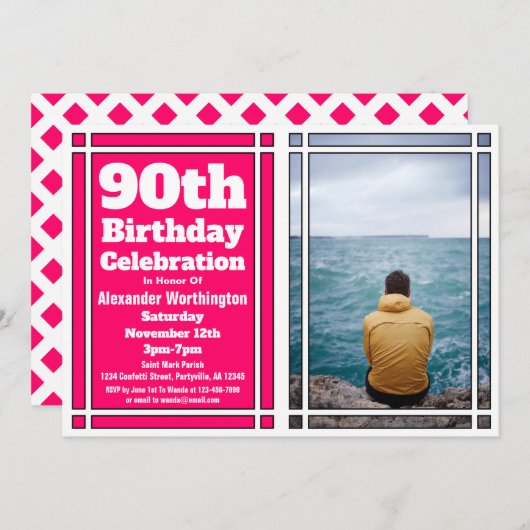 ピンクの写真90th誕生日パーティーへの招待 招待状 (正面/裏面)