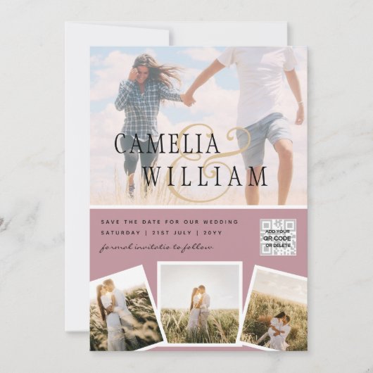ピンクの写真 ウェディング 招待 QRコード 日程 保存 招待状 (正面)
