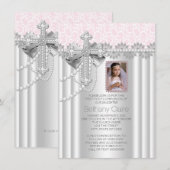 ピンクの写真 ファーストコミュニオン ラレースの十字架 招待状 (正面/裏面)