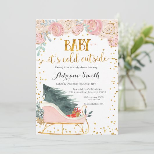 ピンクの冬そりベビー外の冷たいシャワー 招待状 (スタンド正面)