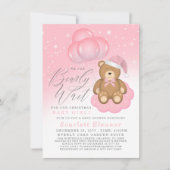 ピンクの冬のねむねむクマの風船 ガール ベイビー シャワー 招待状 (正面)
