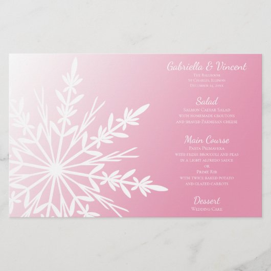 ピンクの冬のウェディングメニューに白いスノーフレーク (正面)
