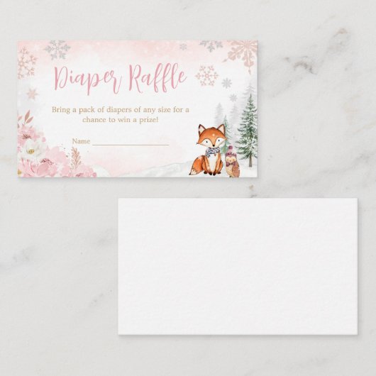 ピンクの冬のウッドランドトラックおむつラッフル エンクロージャーカード (正面/裏面)