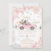 ピンクの冬のウッドランドトラックベビーシャワー 招待状 (正面)