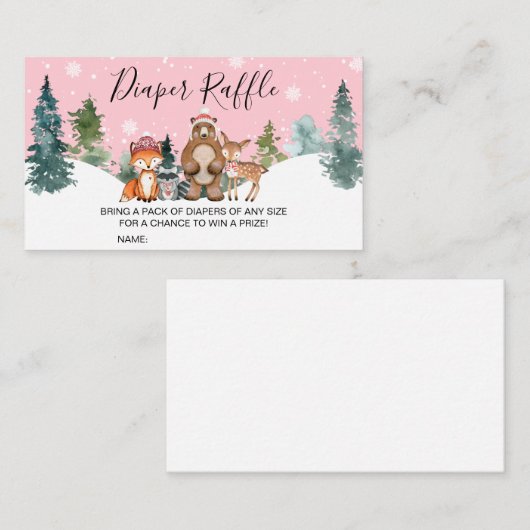 ピンクの冬のウッドランド赤ちゃんシャワーおむつラッフル 名刺 (正面/裏面)