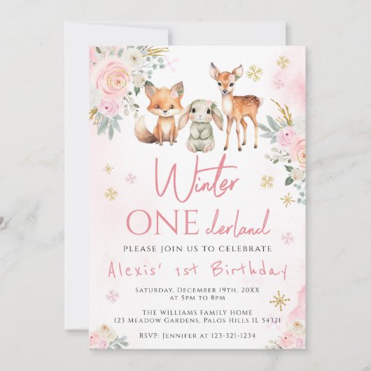ピンクの冬のオネダーランドの女の子の誕生日の招待 招待状 (正面)