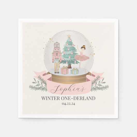 ピンクの冬のオネダーランドの最初の誕生日パーティー スタンダードカクテルナプキン (正面)